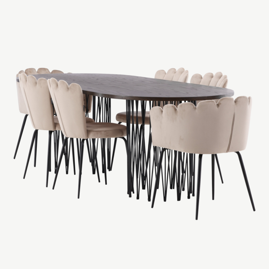 Ovaalne söögilaud Stone ja velvetkattega Limhamn toolid (mokkavineer, must metall, beež samet), GR22956 – 6