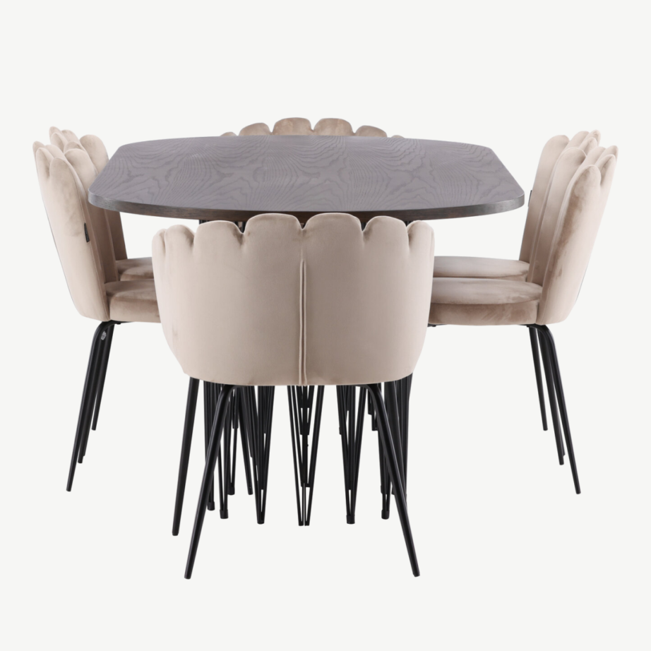Ovaalne söögilaud Stone ja velvetkattega Limhamn toolid (mokkavineer, must metall, beež samet), GR22956 – 7