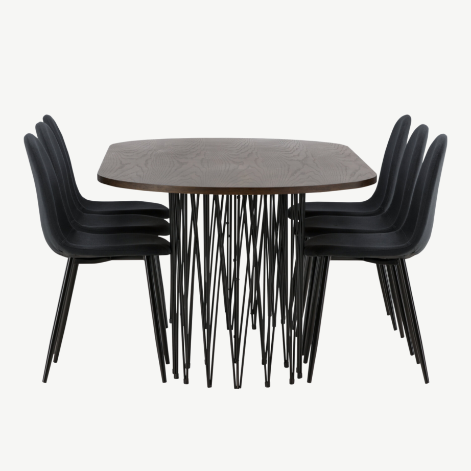 Ovaalne söögilaud Stone (mokavärvi MDF, mustad metalljalad) ja Polar söögitoolid (must polüester), GR22826 – 2