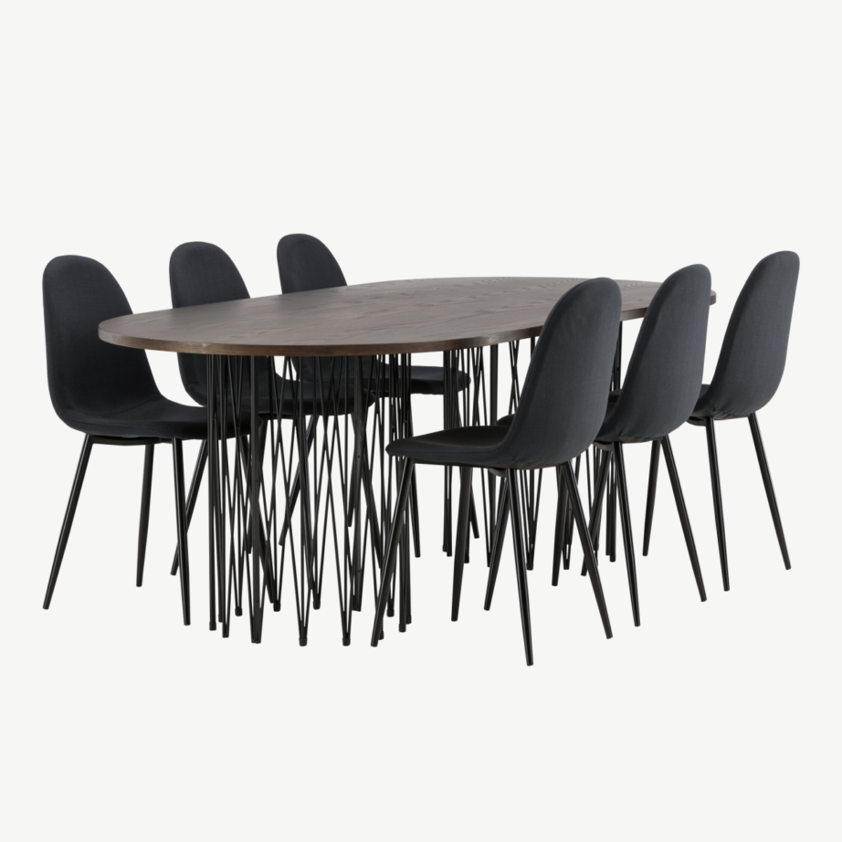 Ovaalne söögilaud Stone (mokavärvi MDF, mustad metalljalad) ja Polar söögitoolid (must polüester), GR22826 – 3