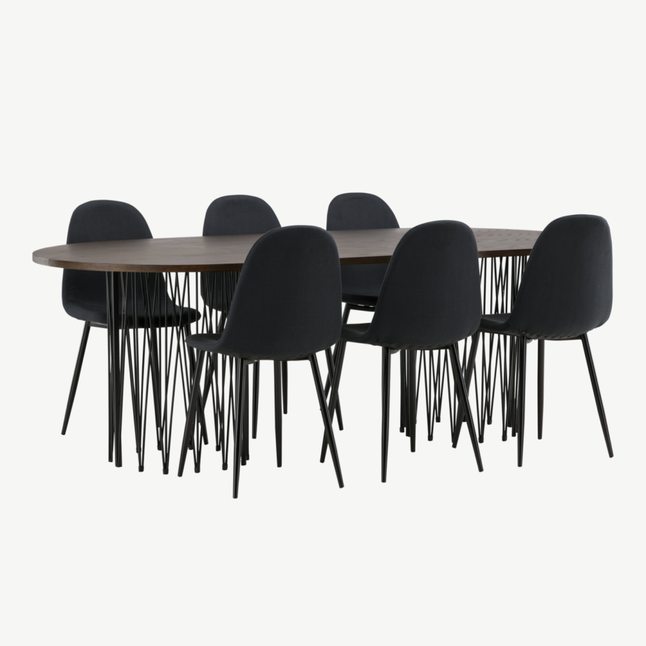 Ovaalne söögilaud Stone (mokavärvi MDF, mustad metalljalad) ja Polar söögitoolid (must polüester), GR22826 – 4