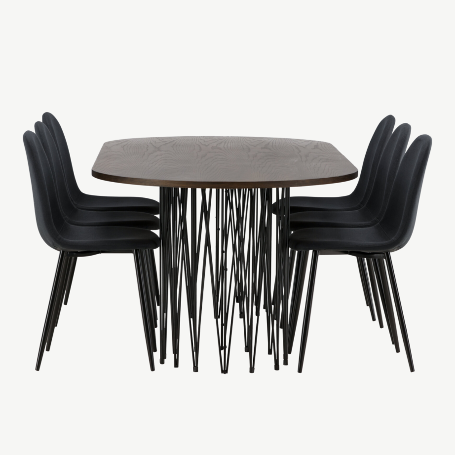 Ovaalne söögilaud Stone (mokavärvi MDF, mustad metalljalad) ja Polar söögitoolid (must polüester), GR22826 – 7