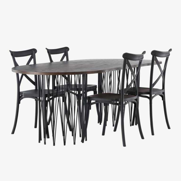 Ovaalne söögilaud Stone mokka tammepuuvineeriga ja Crosett mustad plastiktoolid, 220x100 cm - GR23038