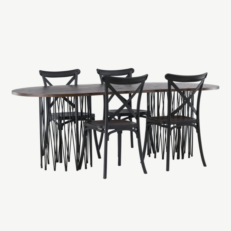 Ovaalne söögilaud Stone mokka tammepuuvineeriga ja Crosett mustad plastiktoolid, 220x100 cm - GR23038