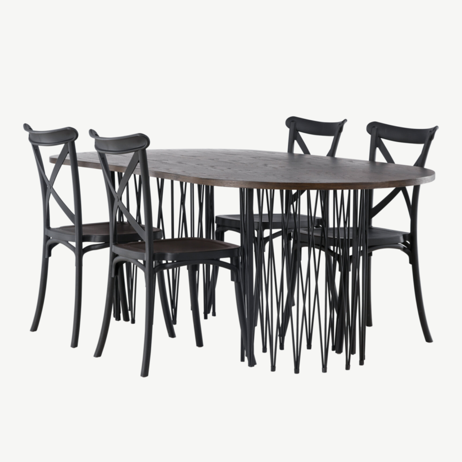 Ovaalne söögilaud Stone mokka tammepuuvineeriga ja Crosett mustad plastiktoolid, 220×100 cm, GR23038 – 6