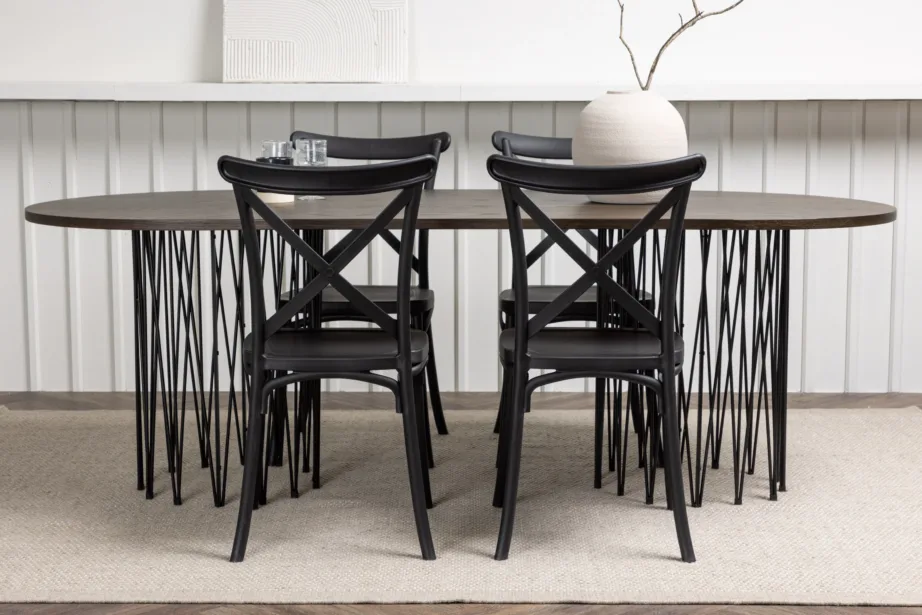 Ovaalne söögilaud Stone mokka tammepuuvineeriga ja Crosett mustad plastiktoolid, 220×100 cm, GR23038 – 8