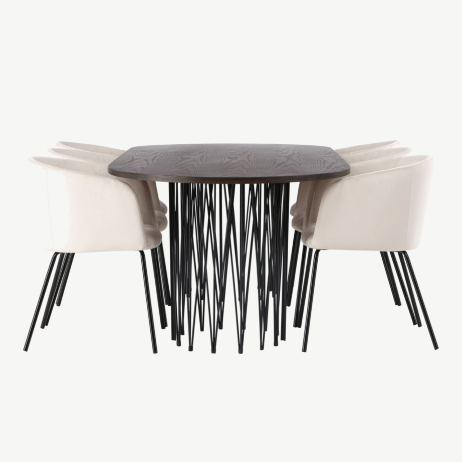 Ovaalne söögilaud Stone mokka viimistlusega ja kuus velvetkattega Berit tooli, GR22820 – 2