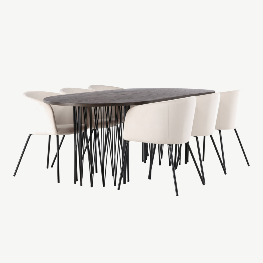 Ovaalne söögilaud Stone mokka viimistlusega ja kuus velvetkattega Berit tooli, GR22820 – 3