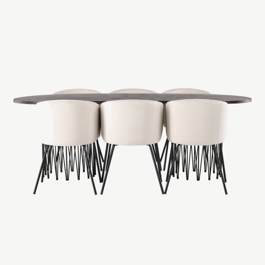 Ovaalne söögilaud Stone mokka viimistlusega ja kuus velvetkattega Berit tooli, GR22820 – 5