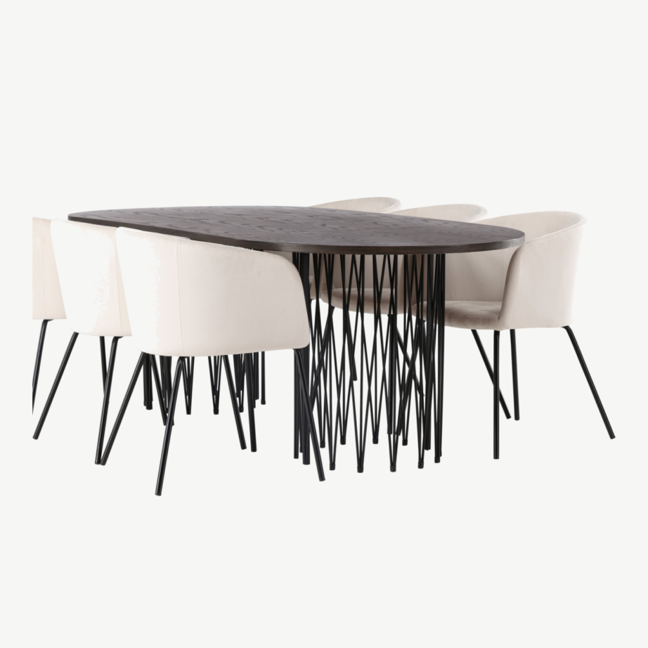 Ovaalne söögilaud Stone mokka viimistlusega ja kuus velvetkattega Berit tooli, GR22820 – 6