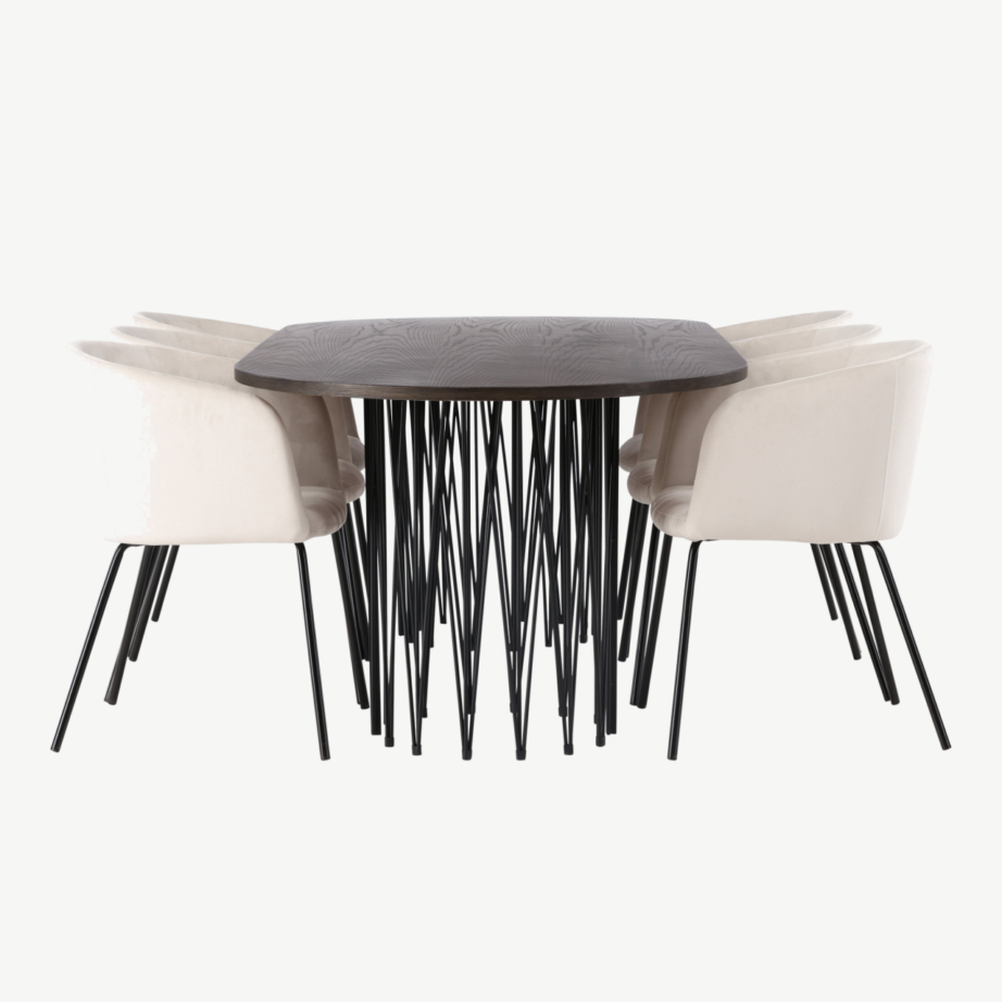 Ovaalne söögilaud Stone mokka viimistlusega ja kuus velvetkattega Berit tooli, GR22820 – 7