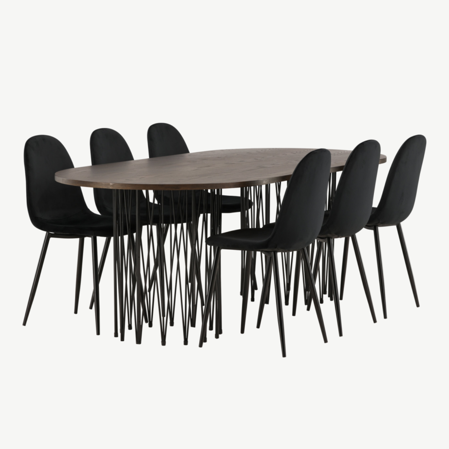 Ovaalne söögilaud Stone mokka viimistlusega ja mustad sametist söögitoolid Polar, GR22822 – 3