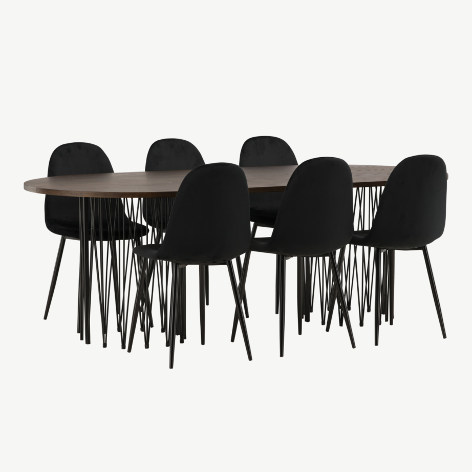 Ovaalne söögilaud Stone mokka viimistlusega ja mustad sametist söögitoolid Polar, GR22822 – 4