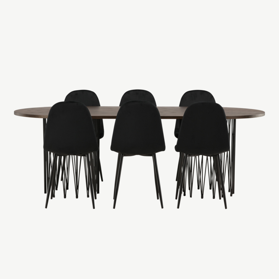 Ovaalne söögilaud Stone mokka viimistlusega ja mustad sametist söögitoolid Polar, GR22822 – 5