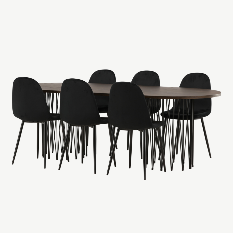 Ovaalne söögilaud Stone mokka viimistlusega ja mustad sametist söögitoolid Polar, GR22822