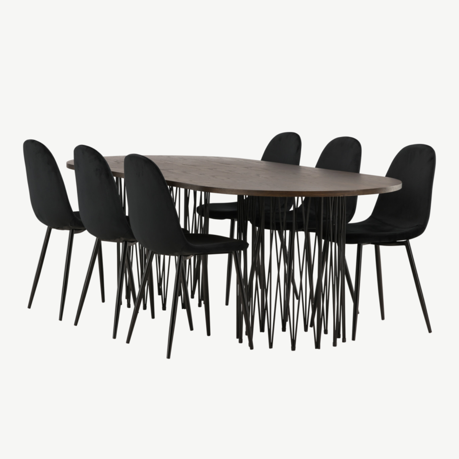 Ovaalne söögilaud Stone mokka viimistlusega ja mustad sametist söögitoolid Polar, GR22822 – 6