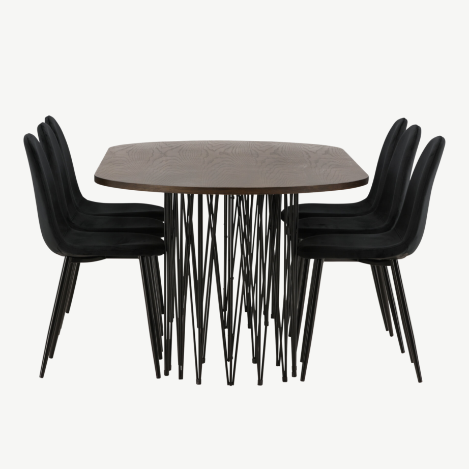 Ovaalne söögilaud Stone mokka viimistlusega ja mustad sametist söögitoolid Polar, GR22822 – 7