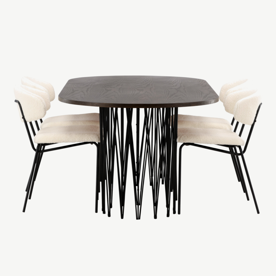 Ovaalne söögilaud Stone mokkapruun MDF, must metalljalg + valge buklee tool Chico, GR23037 – 2