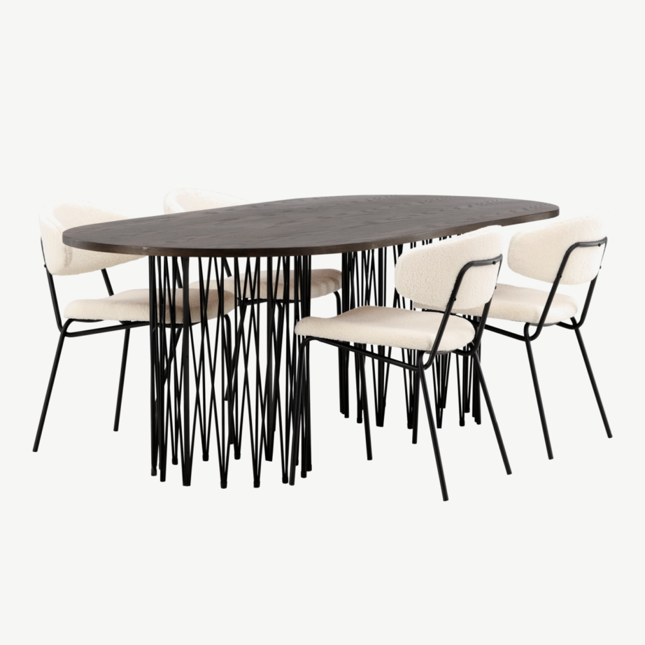 Ovaalne söögilaud Stone mokkapruun MDF, must metalljalg + valge buklee tool Chico, GR23037 – 3