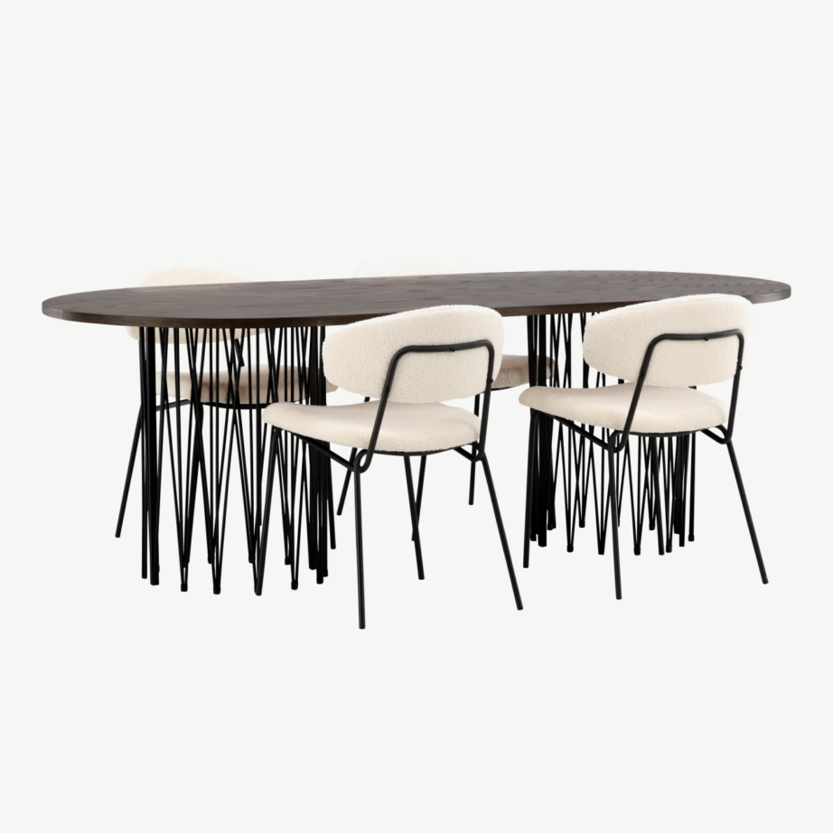 Ovaalne söögilaud Stone mokkapruun MDF, must metalljalg + valge buklee tool Chico, GR23037 – 4