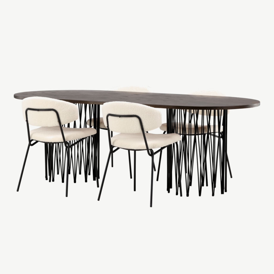 Ovaalne söögilaud Stone mokkapruun MDF, must metalljalg + valge buklee tool Chico, GR23037