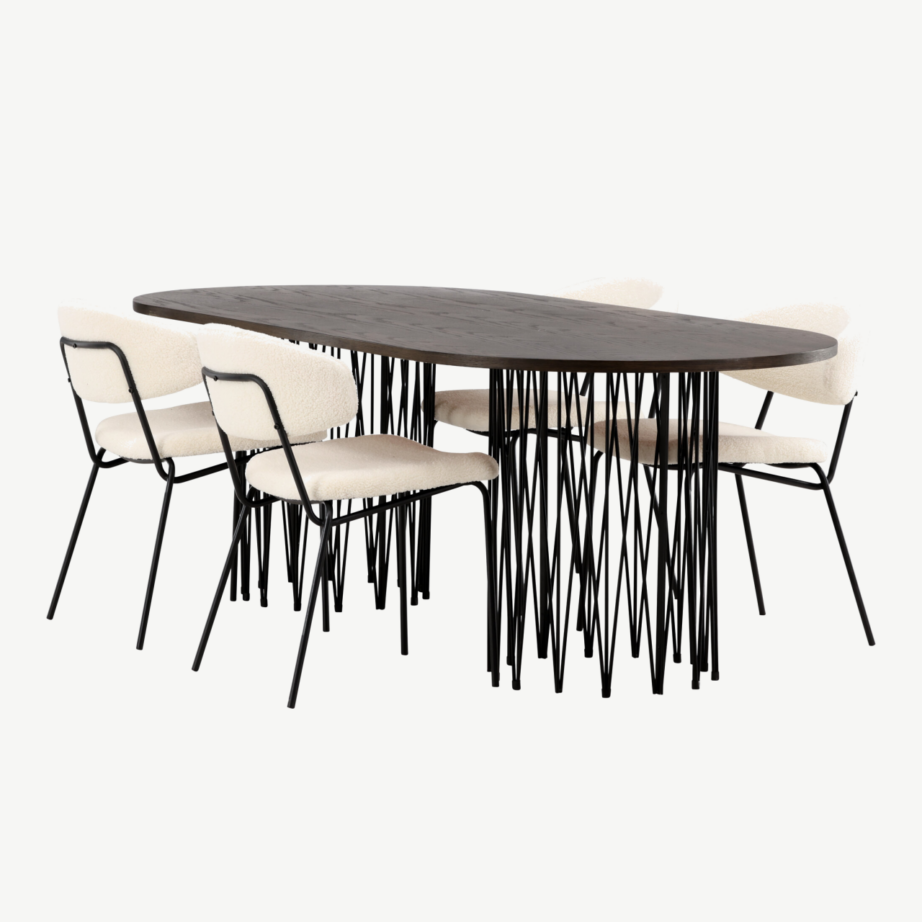 Ovaalne söögilaud Stone mokkapruun MDF, must metalljalg + valge buklee tool Chico, GR23037 – 6