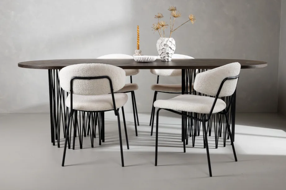 Ovaalne söögilaud Stone mokkapruun MDF, must metalljalg + valge buklee tool Chico, GR23037 – 8