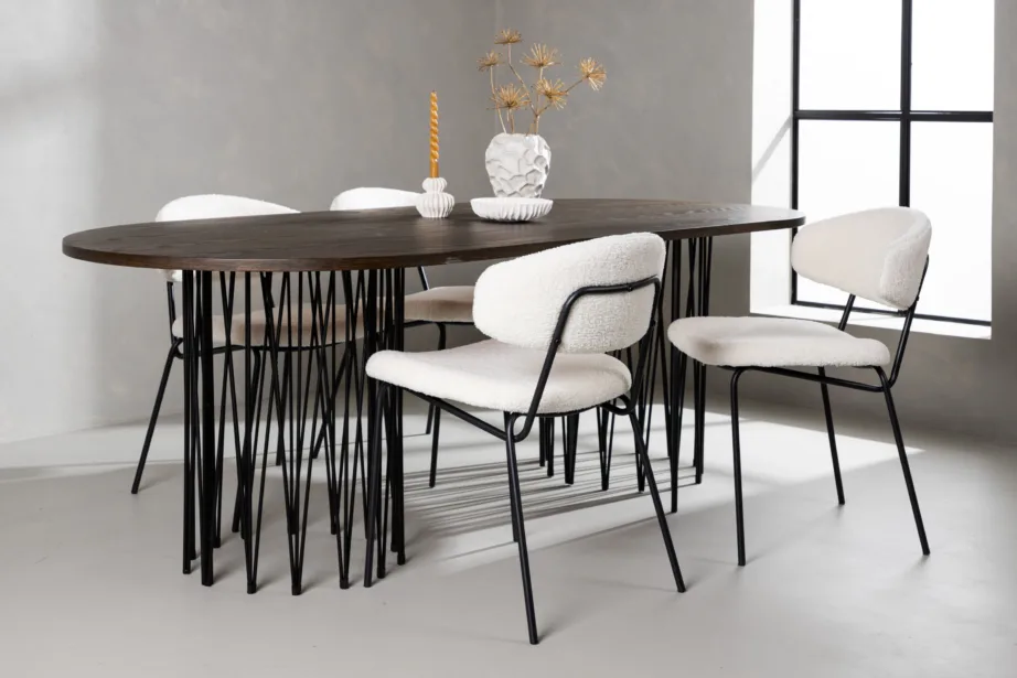 Ovaalne söögilaud Stone mokkapruun MDF, must metalljalg + valge buklee tool Chico, GR23037 – 9