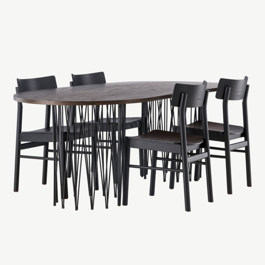 Ovaalne söögilaud Stone mokkatoonis musta terasraamiga ja Montros toolid (kaskepuit, must), GR23044 – 3