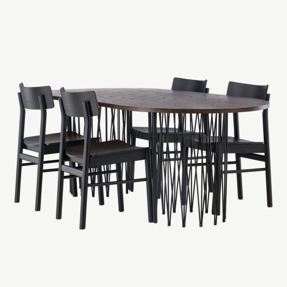 Ovaalne söögilaud Stone mokkatoonis musta terasraamiga ja Montros toolid (kaskepuit, must), GR23044 – 6