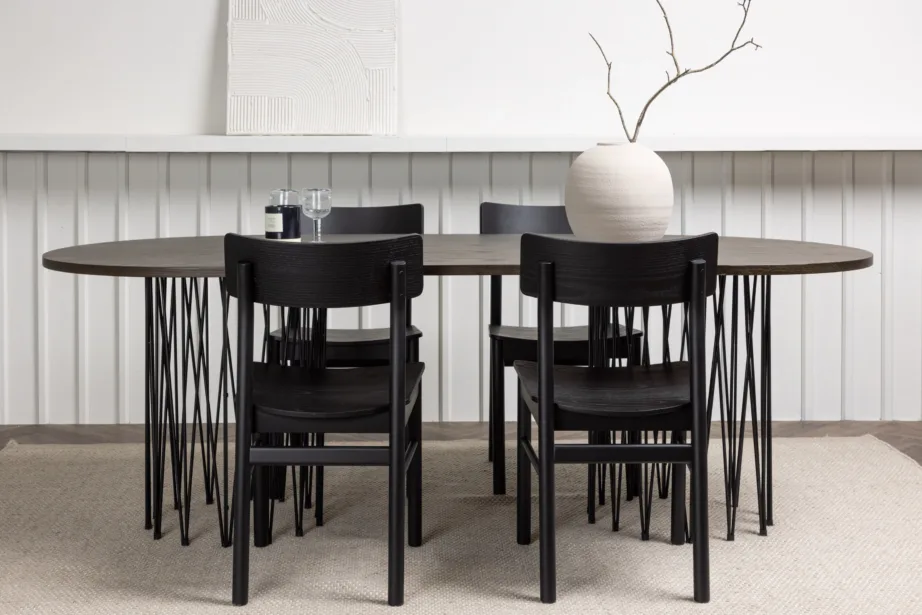 Ovaalne söögilaud Stone mokkatoonis musta terasraamiga ja Montros toolid (kaskepuit, must), GR23044 – 8