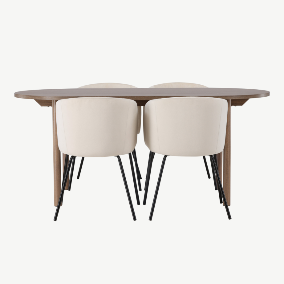 Ovaalne söögitoakomplekt Andy laud ja Berit toolid (looduslik MDF, beež velvet), GR23682 – 2