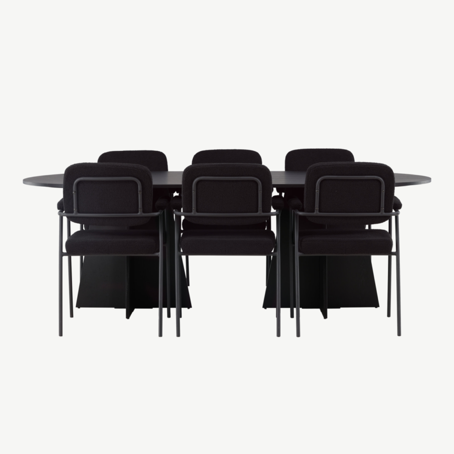 Ovaalne söögitoakomplekt Bootcut musta MDF lauaga ja Yesterday sarja buklee-toolid, GR23775 – 2