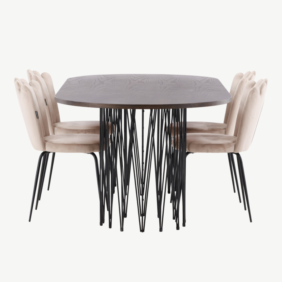Ovaalse söögilauaga komplekt Stone mokkavineer ja beežid sametist Limhamn toolid, GR22959 – 2