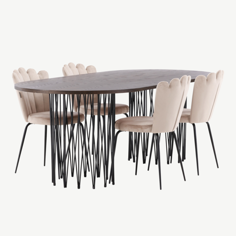 Ovaalse söögilauaga komplekt Stone mokkavineer ja beežid sametist Limhamn toolid, GR22959 – 3