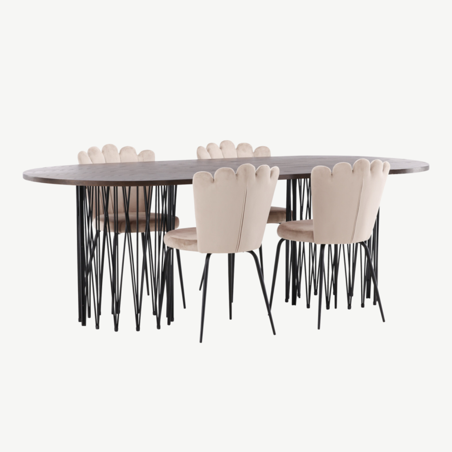 Ovaalse söögilauaga komplekt Stone mokkavineer ja beežid sametist Limhamn toolid, GR22959 – 4