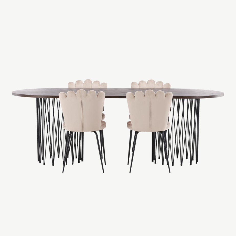 Ovaalse söögilauaga komplekt Stone mokkavineer ja beežid sametist Limhamn toolid, GR22959 – 5