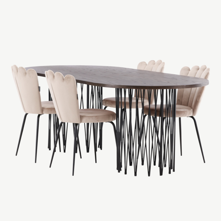 Ovaalse söögilauaga komplekt Stone mokkavineer ja beežid sametist Limhamn toolid, GR22959 – 6