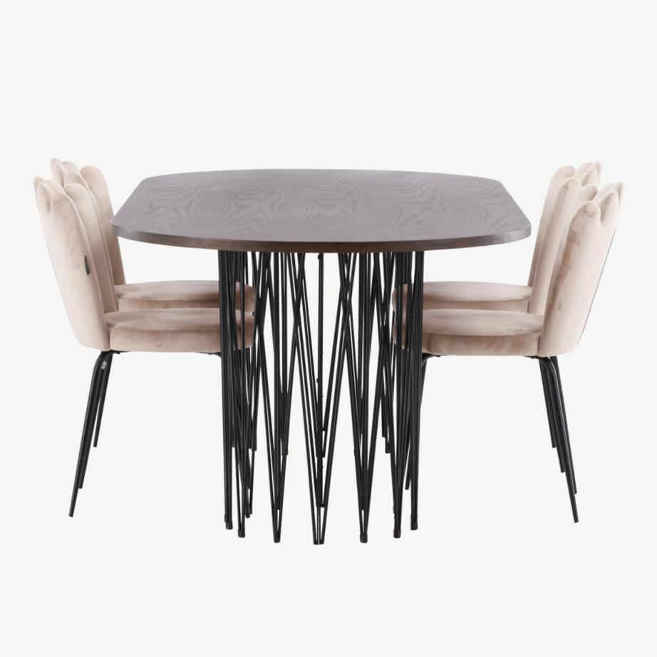 Ovaalse söögilauaga komplekt Stone mokkavineer ja beežid sametist Limhamn toolid, GR22959 – 7