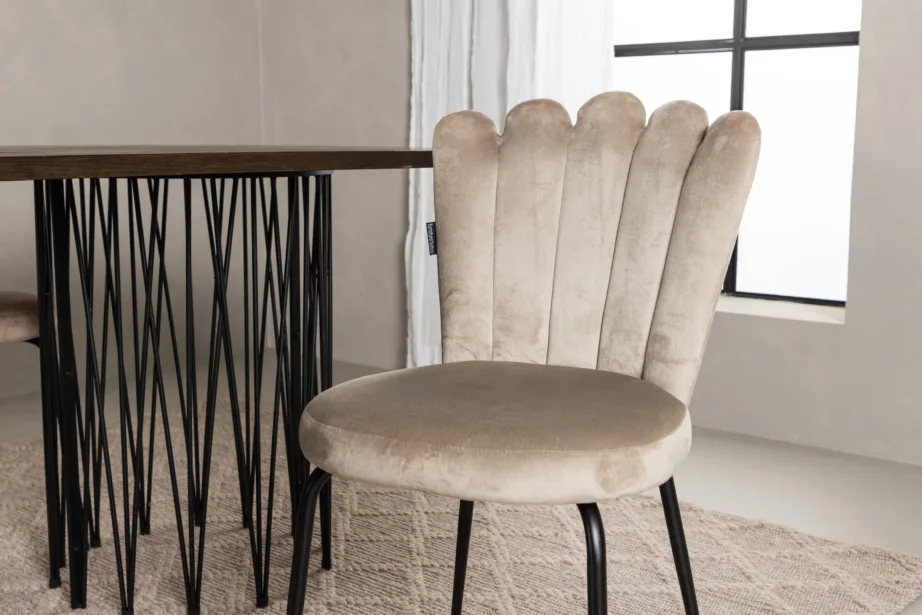 Ovaalse söögilauaga komplekt Stone mokkavineer ja beežid sametist Limhamn toolid, GR22959 – 10