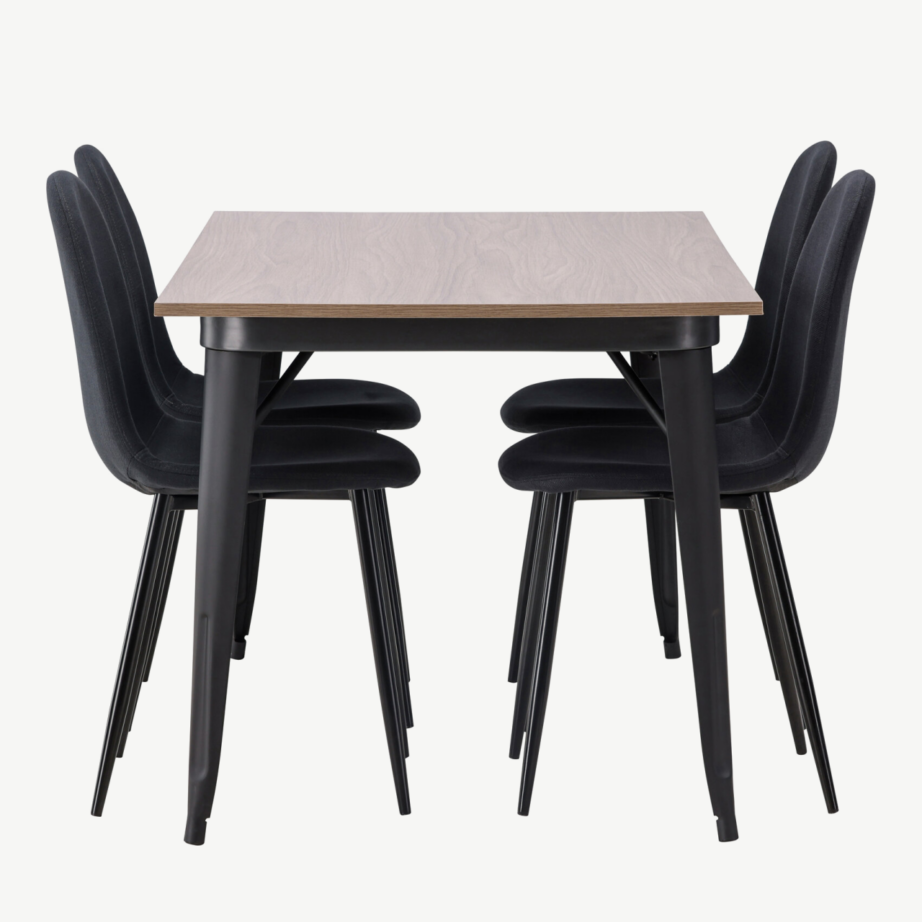 Pähklipruun ristkülikukujuline söögilaud Tempe ja mustad Polar toolid, GR22930 – 2