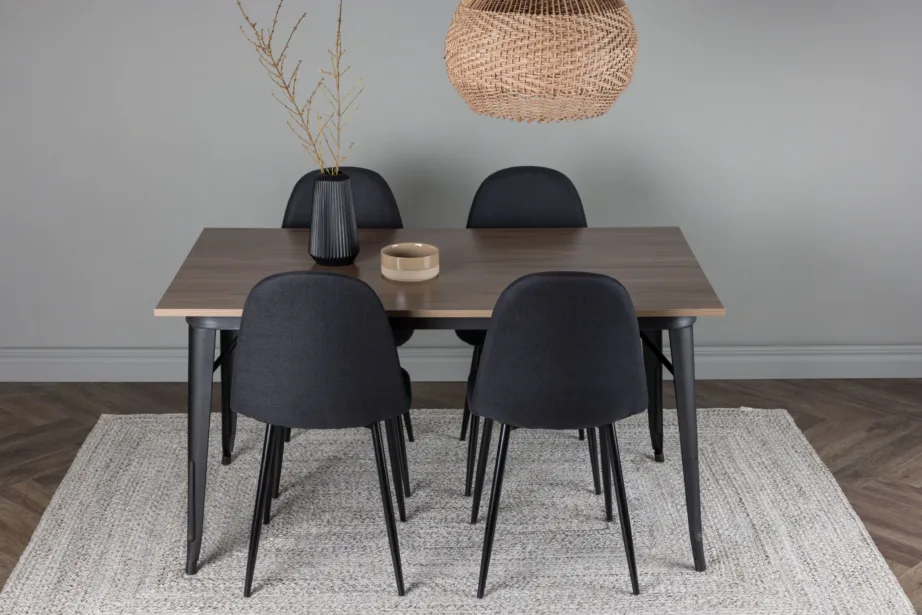 Pähklipruun ristkülikukujuline söögilaud Tempe ja mustad Polar toolid, GR22930 – 9