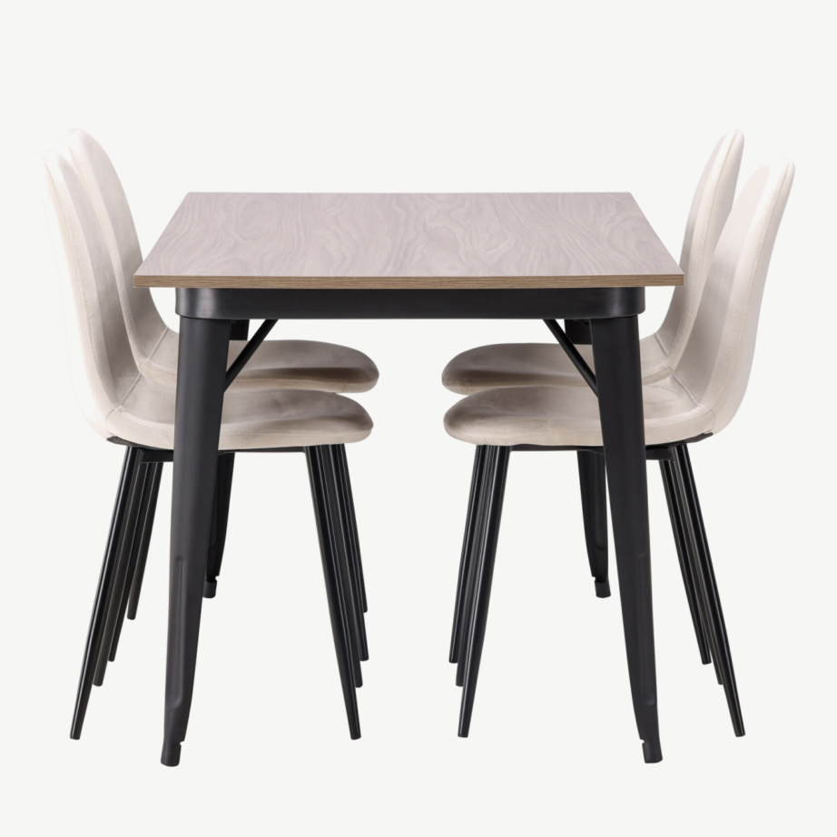 Pähklipruun söögilauakomplekt Tempe (laud 140x80cm, 4 beeži velvetkattega tooli, mustad metalljalad), GR22929 – 2