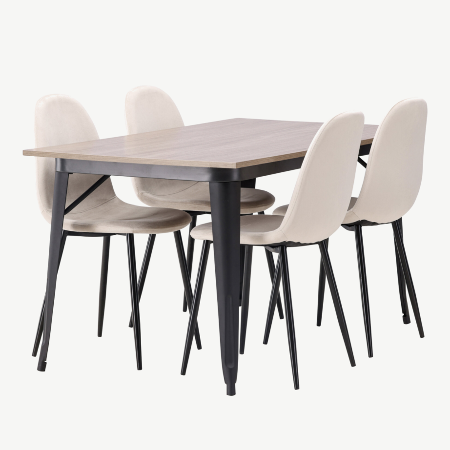 Pähklipruun söögilauakomplekt Tempe (laud 140x80cm, 4 beeži velvetkattega tooli, mustad metalljalad), GR22929 – 3
