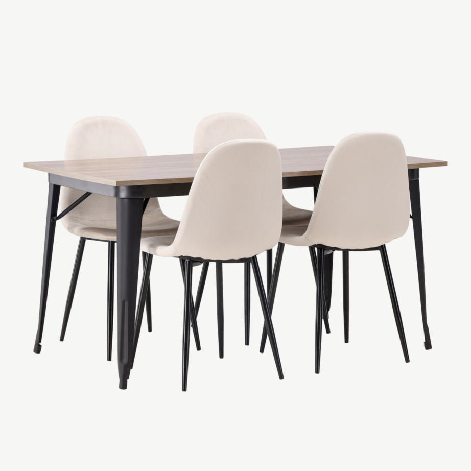 Pähklipruun söögilauakomplekt Tempe (laud 140x80cm, 4 beeži velvetkattega tooli, mustad metalljalad), GR22929 – 4