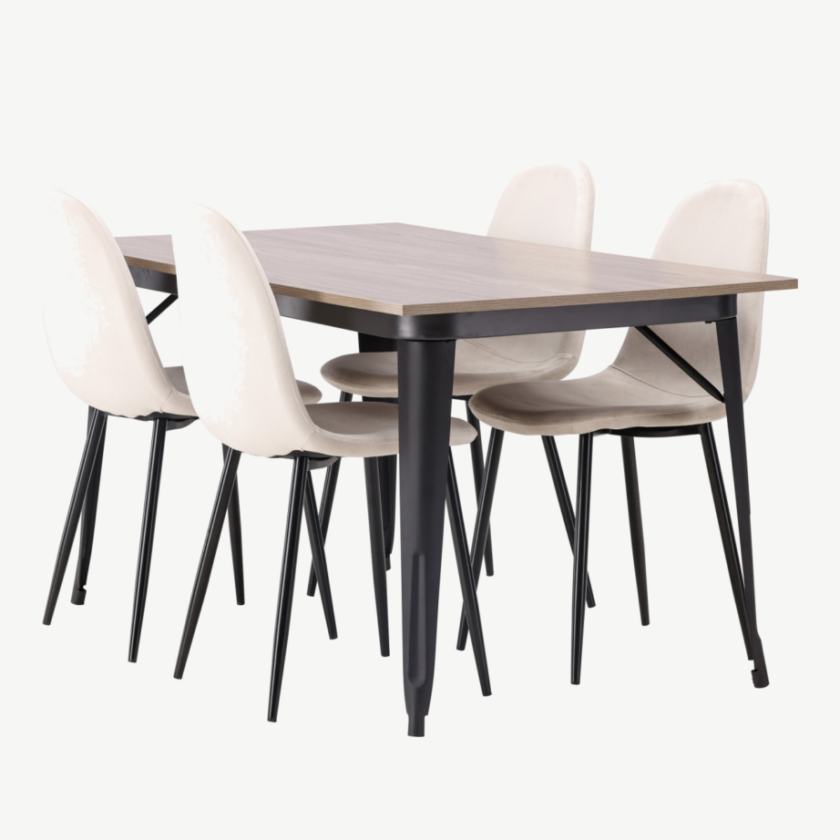 Pähklipruun söögilauakomplekt Tempe (laud 140x80cm, 4 beeži velvetkattega tooli, mustad metalljalad), GR22929 – 6