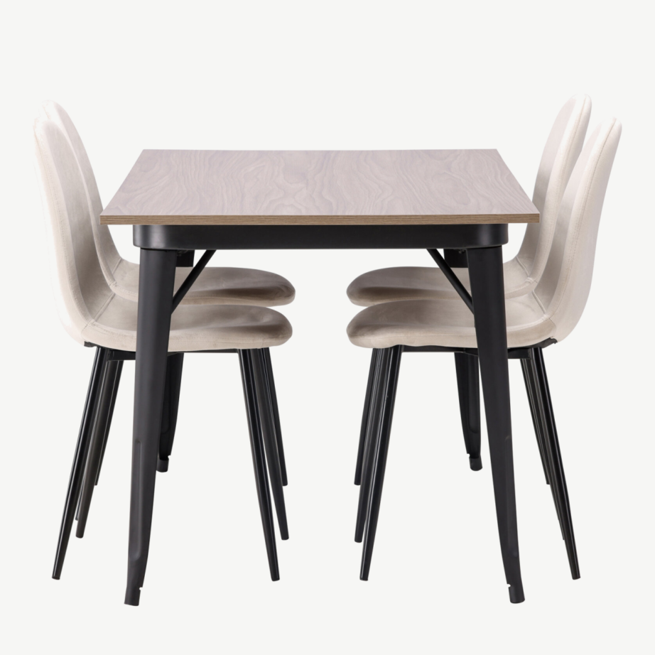 Pähklipruun söögilauakomplekt Tempe (laud 140x80cm, 4 beeži velvetkattega tooli, mustad metalljalad), GR22929 – 7