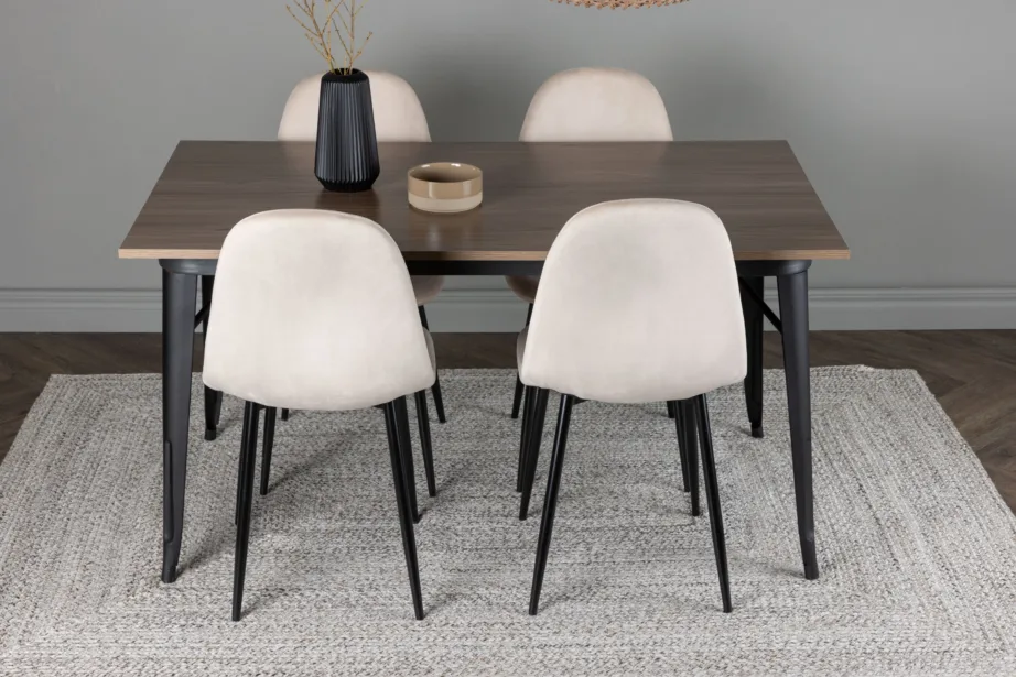 Pähklipruun söögilauakomplekt Tempe (laud 140x80cm, 4 beeži velvetkattega tooli, mustad metalljalad), GR22929 – 8