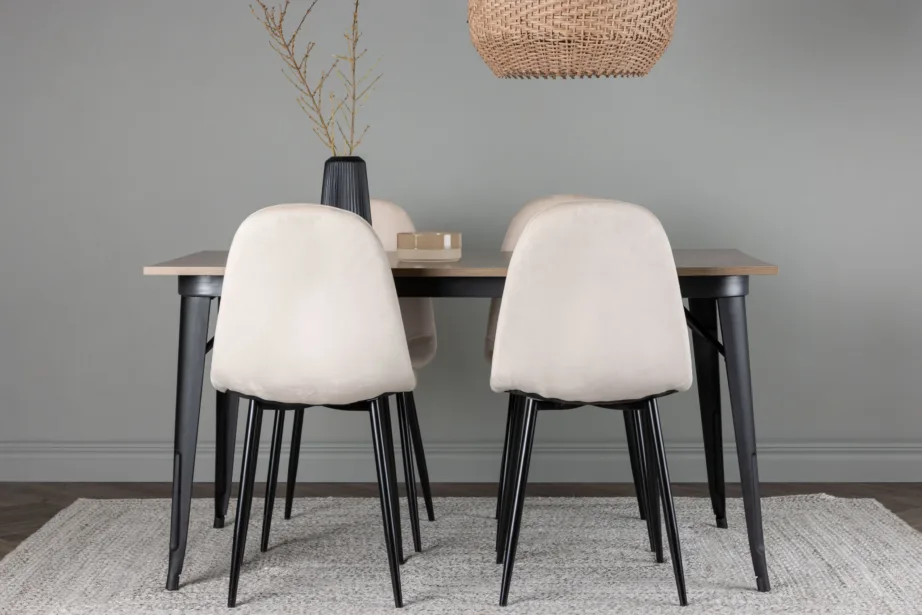 Pähklipruun söögilauakomplekt Tempe (laud 140x80cm, 4 beeži velvetkattega tooli, mustad metalljalad), GR22929 – 9