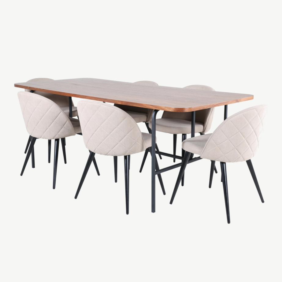 Pähklispooniga söögilaud Uno ja 6 beeži kangaga tooli (metalljalad), GR22403 – 2